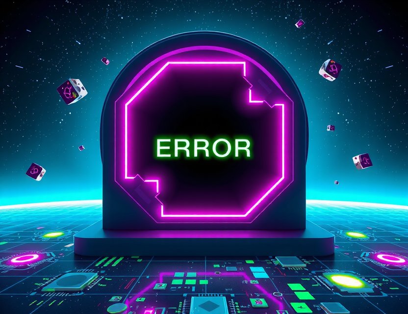 Paisaje digital futurista con portal holográfico roto mostrando código de error, elementos flotantes de juegos como píxeles y circuitos, en tonos azules profundos y púrpuras neón con acentos verdes vibrantes, fondo estrellado oscuro, evocando inmersión perdida en un universo de gaming