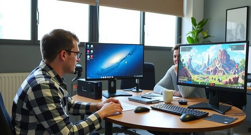 Equipo de desarrolladores de Play Nubo colaborando en un estudio moderno en Sevilla, enfocados en innovative gameplay para PC games