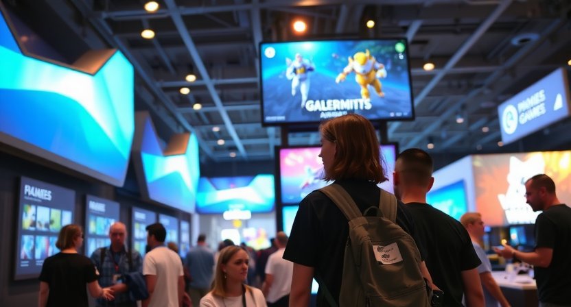 Escena vibrante de un evento de gaming con demos de adventure games de Play Nubo, luces neon y participantes entusiasmados