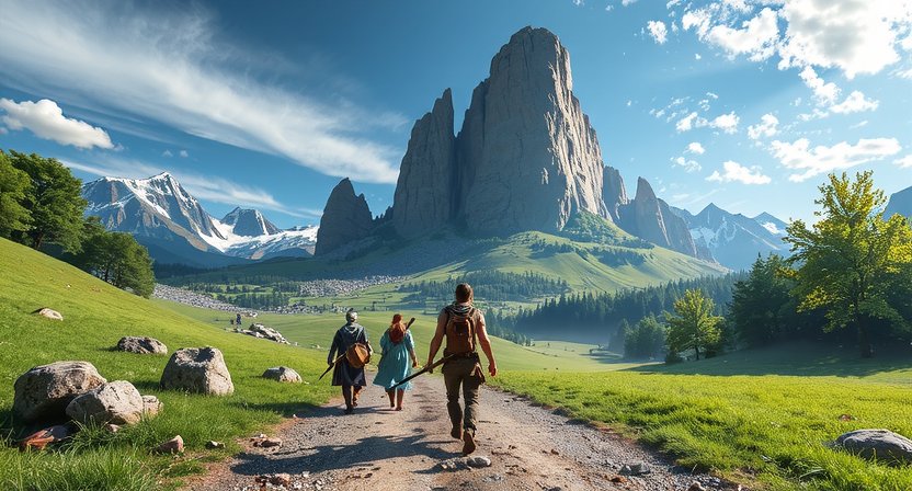 Arte conceptual de immersive games de Play Nubo, mostrando paisajes de RPG games con cielos azules profundos y verdes vibrantes