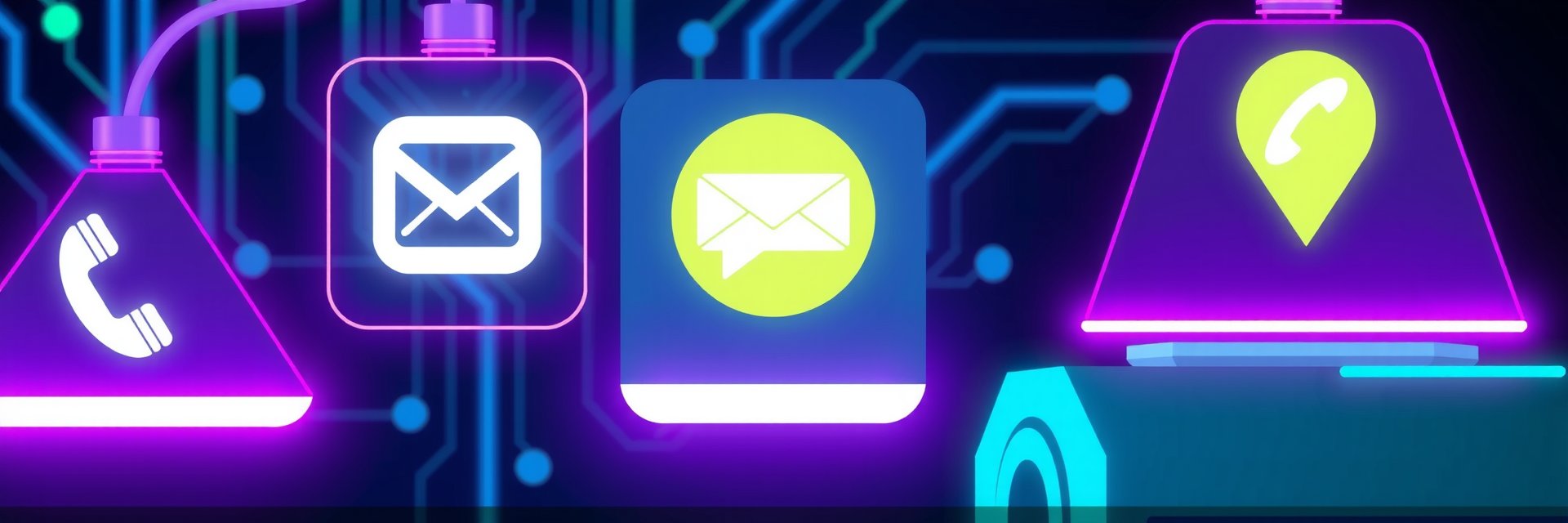 Interfaz de contacto futurista con iconos de email, teléfono y ubicación en un espacio cibernético