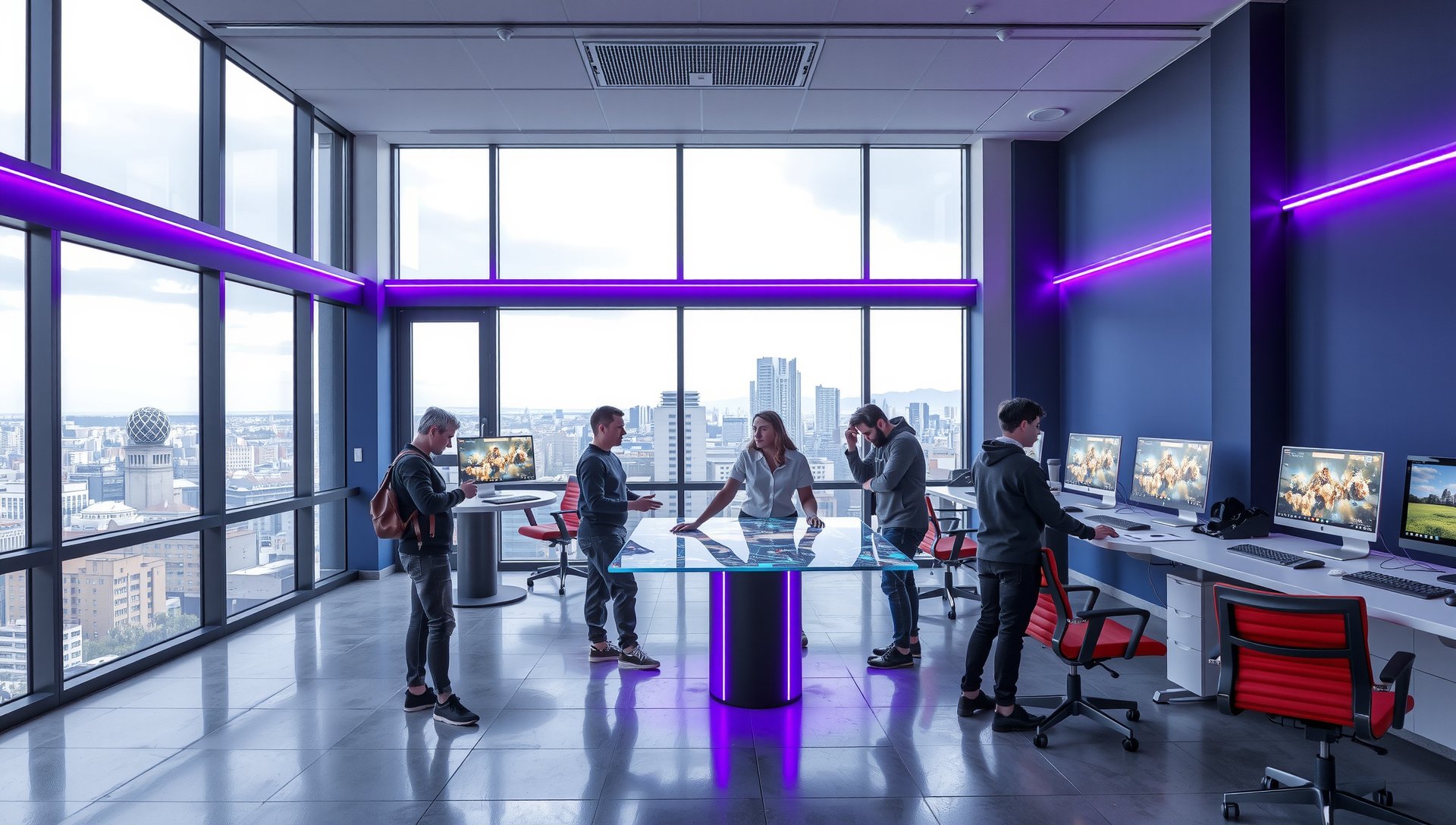 Oficina futurista del game development studio Play Nubo en Sevilla con equipo colaborando en diseños de juegos