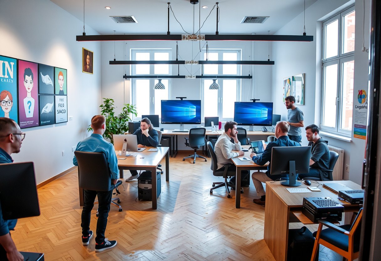 Oficina moderna de Play Nubo en Sevilla, con equipo colaborando en desarrollo de juegos